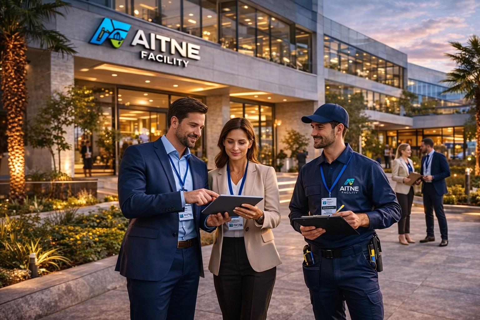 Équipe Aitne Facility devant un bâtiment professionnel